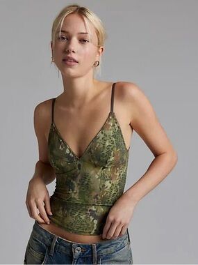 BDG Olive Green Camo Lace-Trim Sheer